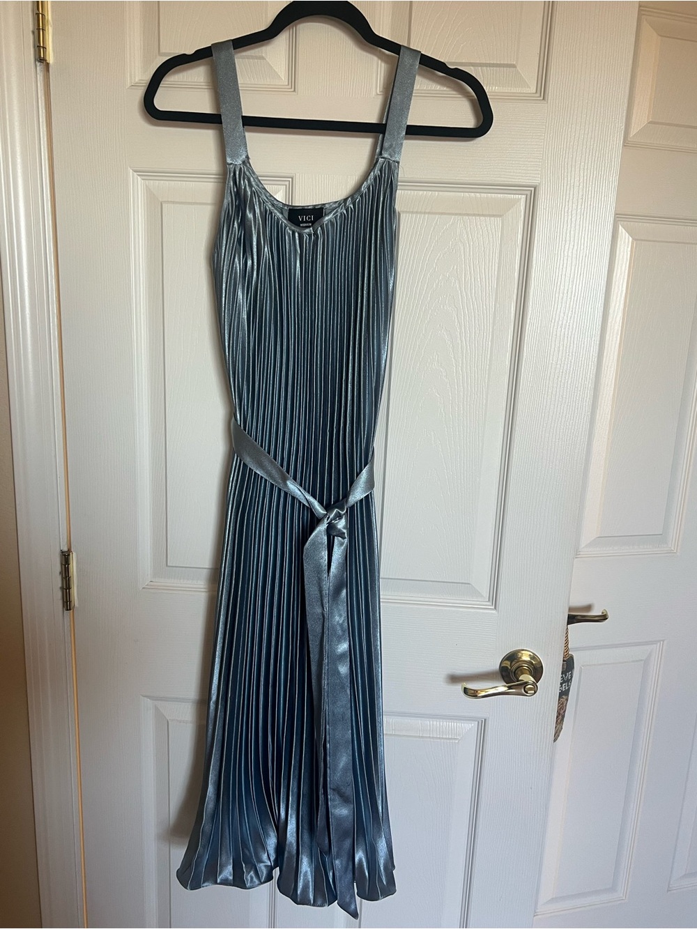 Vici Silvery Light Blue Shimmery Satin Pleated Maxi Dress NWOT